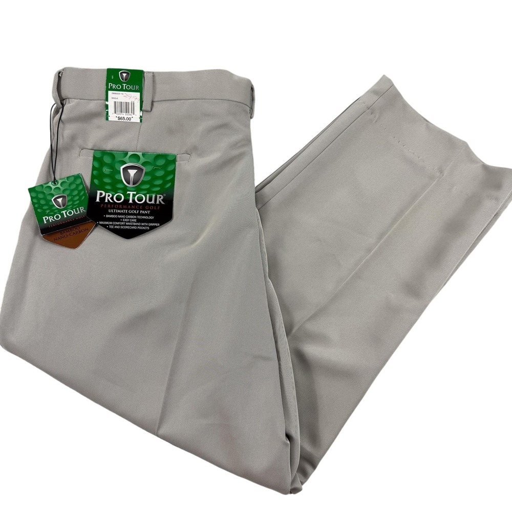 Pro Tour Pants Mens 38x26 Beige Golf Khakis Bamboo Nano-Carbon Tech NEW $65